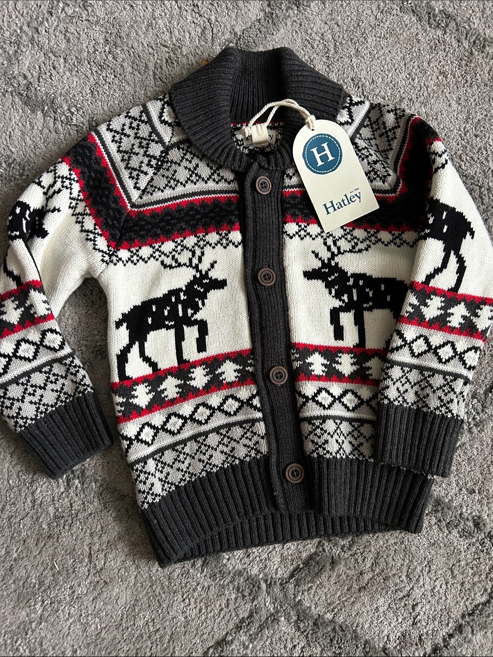 Hatley Cream, Charcoal & Red Reindeer Knit Cardigan